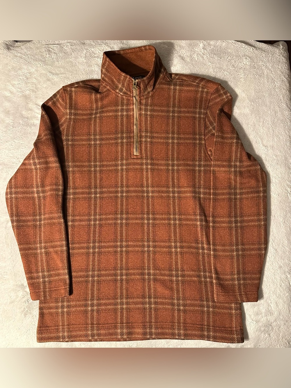 Arrow Men's Brown Rust Plaid 1/4 Zip Fleece Pullover Sweater Size Large